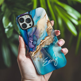 Nome Personalizado do Marble Dourado Azul Elegante