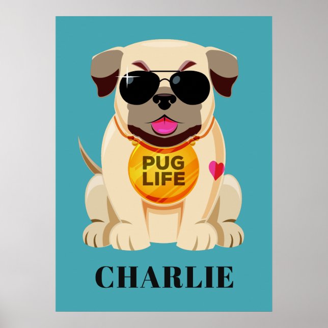 Nome personalizado e poster de cor do Pug Life (Frente)