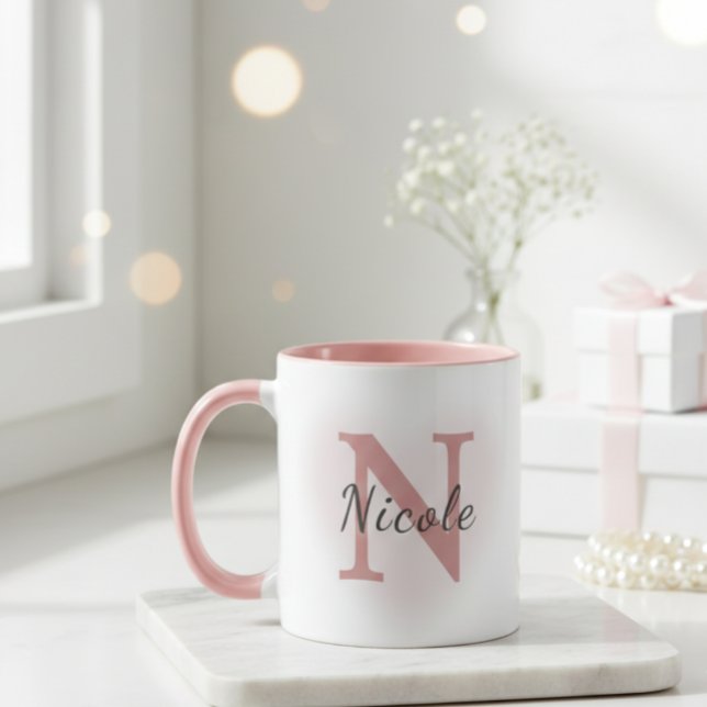 Nome Personalizado & Inicial Caneca Elegante Rosa  (Criador carregado)
