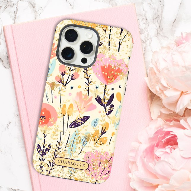 Nome Personalizado Moderno Rosa Floral Brilho Chic (Criador carregado)