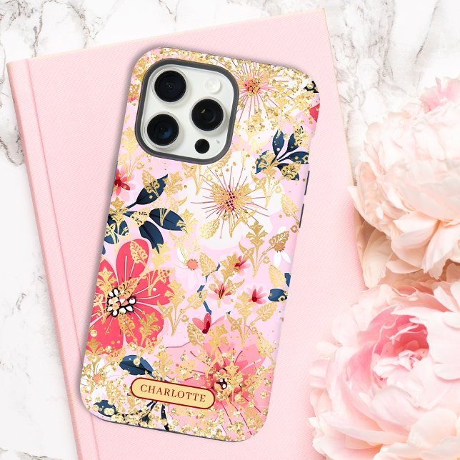Nome Personalizado Moderno Rosa Floral Brilho Chic (Criador carregado)