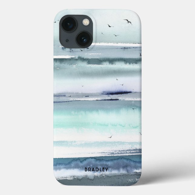 Nome Personalizado Oceano Mar Aquarela Moderna (Verso)