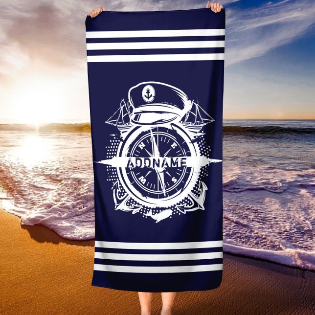 Nome Personalizado Toalha Marinho de Praia Náutica (Personalized Name Nautical Navy Beach Towel)