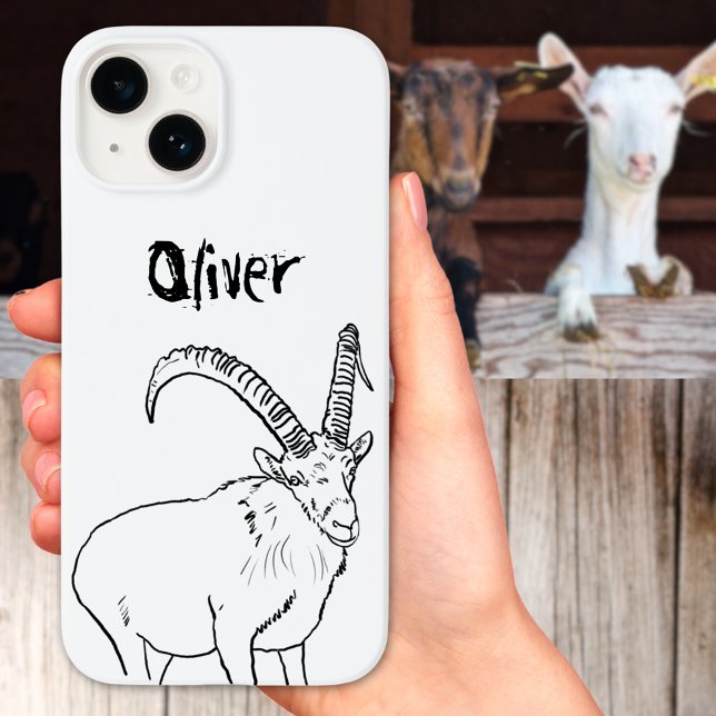 Nome preto e branco simples do esboço de cabra (Funny goat illustration black and white quirky farm animal with custom name phone case)