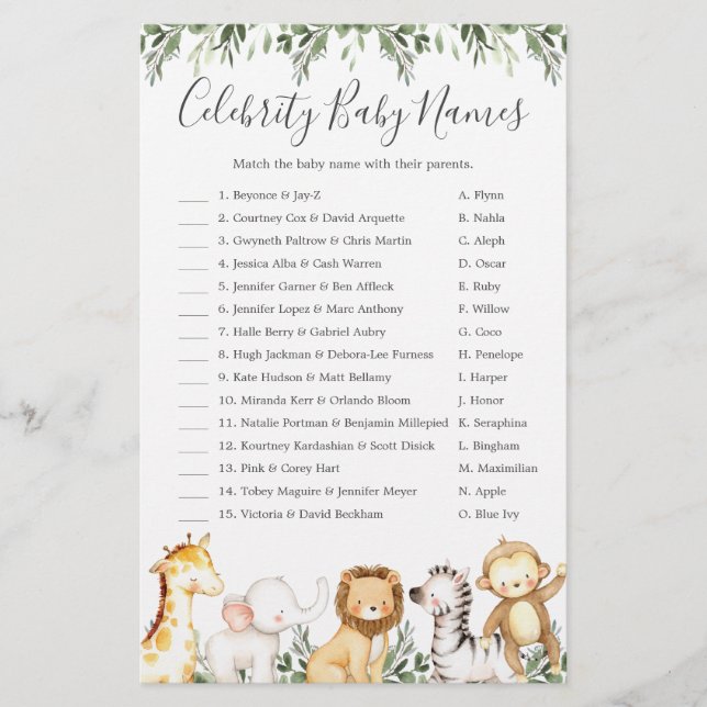 Nomes de Bebês de Celebração de Animais Safari (Frente)
