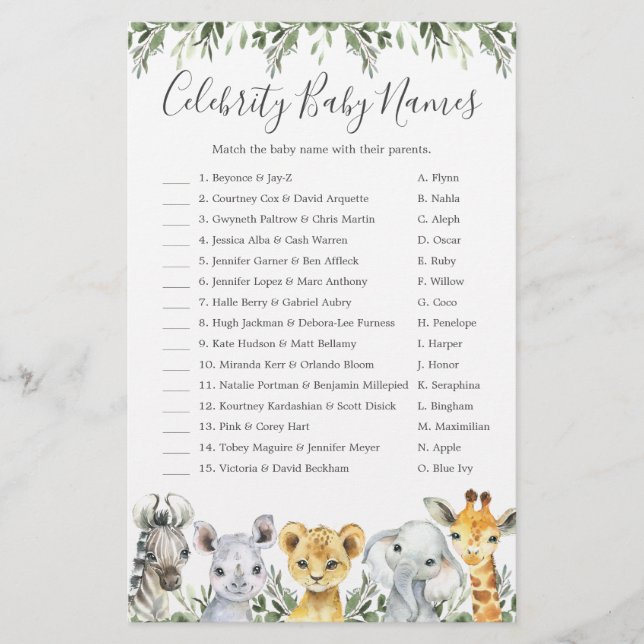 Nomes de Bebês de Celebração de Animais Safari (Frente)