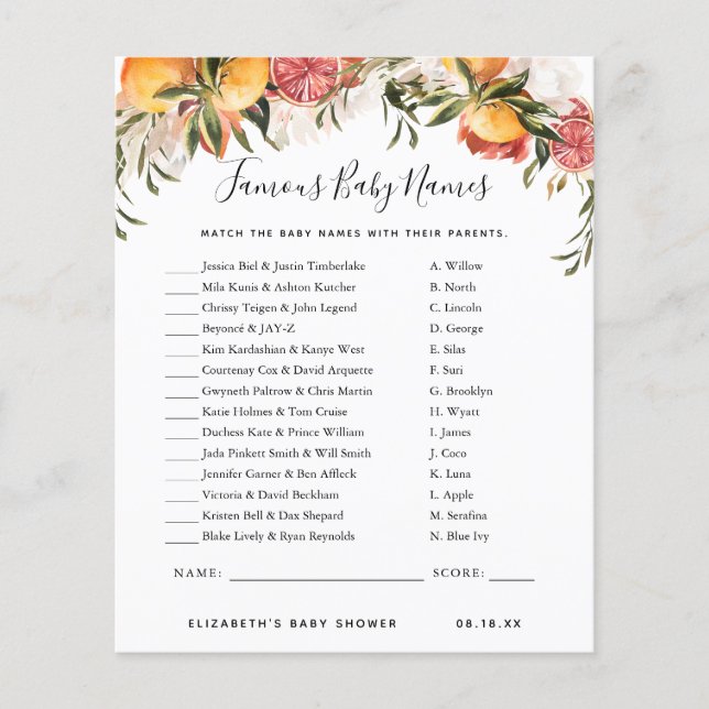 Nomes de Bebês Famosos | Jogo Chá de fraldas (Frente)