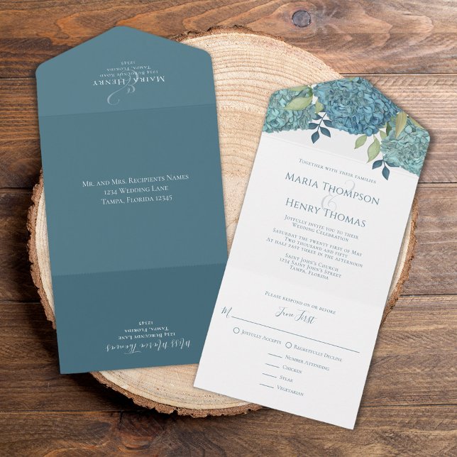 Nomes de Destinatários Convidados de Hydrangea Azu (Classic Blue Hydrangea meal choice tri fold invitation)
