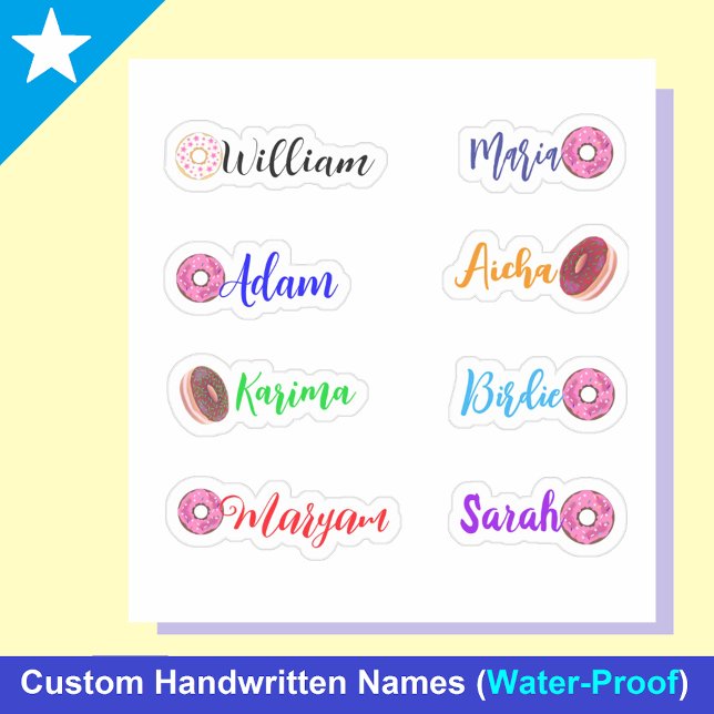 Nomes manuscritos & Donuts: Adesivos impermeáveis (Personalized donut Stickers for Kids)