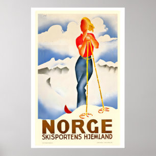 Noruega o Berço do Esqui Poster de Esqui Vintage