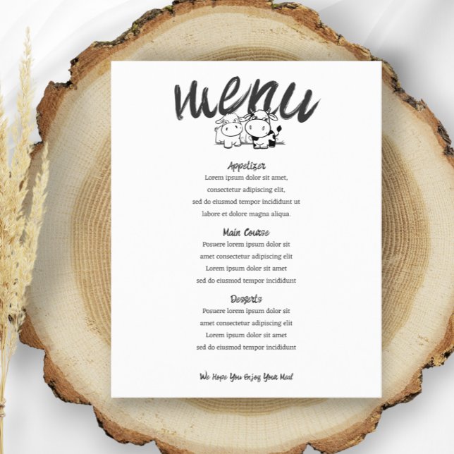 Nós Dissemos Que Eu Moo Personalizava Vaca Que Era (We Said I Moo Personalized Cow Themed Wedding Menus from Ricaso. Easy to add own text.)