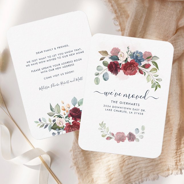 Nós movemos o anúncio de endereço de movimentação  (We Moved Burgundy Floral RC Moving Announcement)