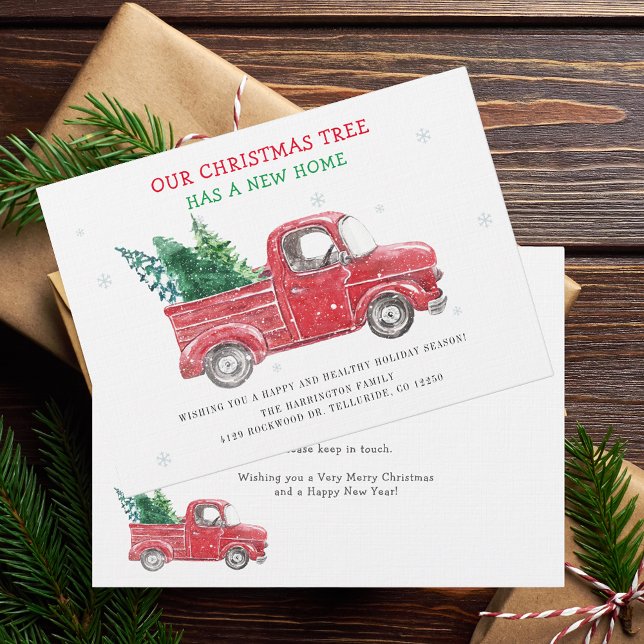 Nós mudamos o anúncio de mudança de feriado de Nat (Christmas Holidays Moving Announcement with Classic Red Truck Card)