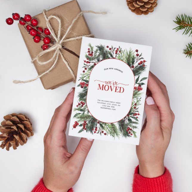 Nós mudamos o cartão postal do anúncio de inverno  (Celebrate the new beginning with this festive 'We've Moved" postcard!
)