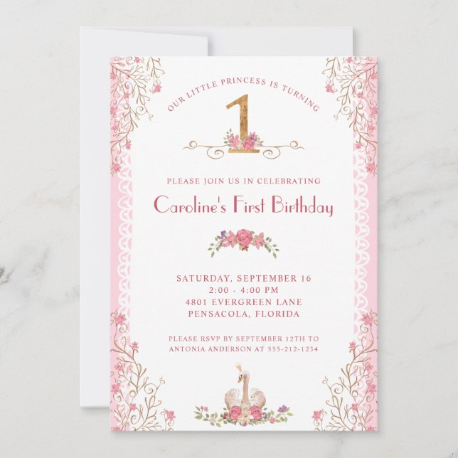 Nossa Princesa Primeiro Convite Rosa De Aniversári (Frente)