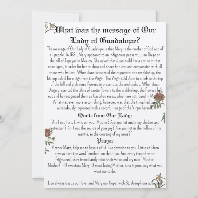 Nossa Senhora de Guadalupe - Cartão de Oração (Verso)