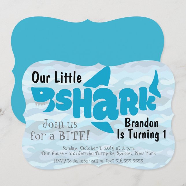 Nosso convite do aniversário do tubarão pequeno (Frente/Verso)