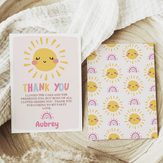 Nosso pequeno cartão de agradecimento de aniversár (Our Little Sunshine 1st Birthday Thank You Card, Girl Summer Birthday Thank You Card, Smiling sun)
