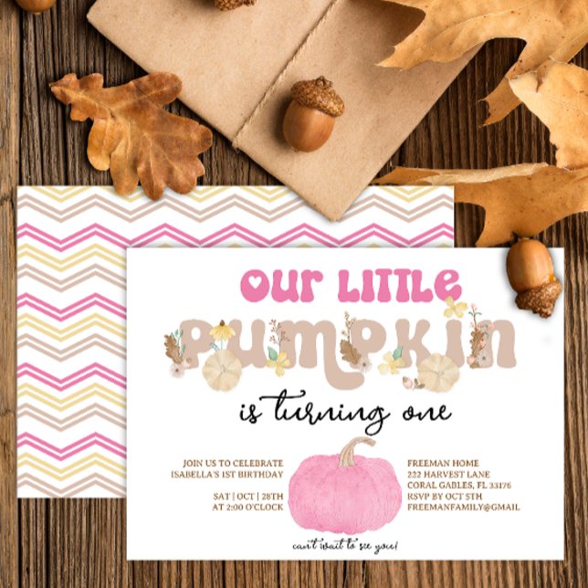 Nosso Pequeno Convite de Aniversário Rosa Pumpkin (Pink pumpkin fall birthday party invitation)