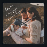 Nosso Relógio de Fotos da Família Feliz<br><div class="desc">Este relógio moderno apresenta sua melhor foto de família,  com elegante tipografia de script manuscrito 'Nossa família feliz'.</div>