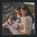 Nosso Relógio de Fotos da Família Feliz<br><div class="desc">Este relógio moderno apresenta sua melhor foto de família,  com elegante tipografia de script manuscrito 'Nossa família feliz'.</div>