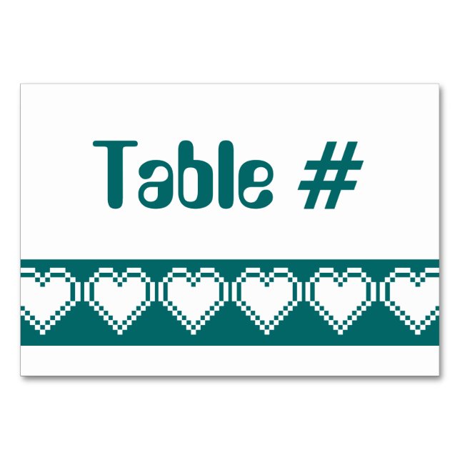 Nossos Corações de 8 Bits no Cartão de Mesa Teal (Frente)
