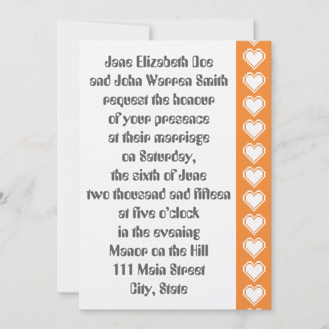 Nossos Corações de 8 Bits no Convite de Casamento  (Frente)