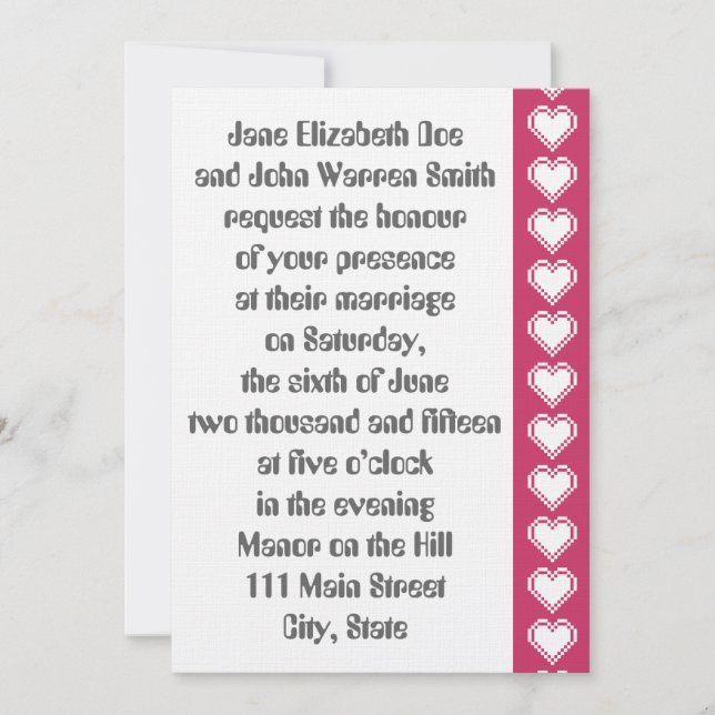 Nossos Corações de 8 Bits no Convite de Casamento  (Frente)