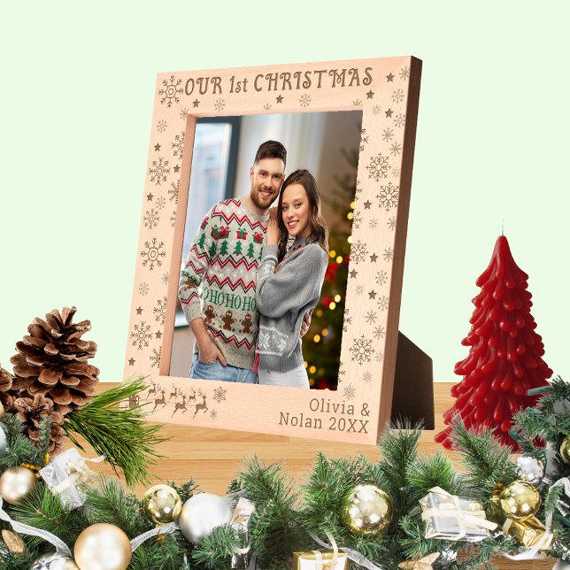 Nossos primeiros Papais noeis de Natal e nome do C (Our First Christmas Santa & Deer Couple Name 8x10 Etched Frames)