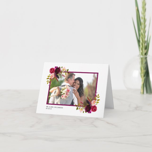 Nota de agradecimento de casamento com foto floral (Frente)
