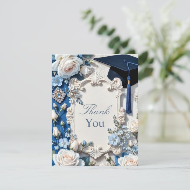 Nota de Agradecimento de Formatura Floral Azul e B (Em pé/Frente)