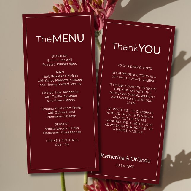 Nota de agradecimento de menu de casamento Burgund (Criador carregado)