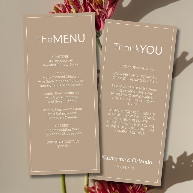 Nota de agradecimento de menu de casamento Taupe O (Criador carregado)