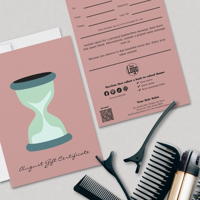 Nota de Serviços de Código QR Certificado de Prese (Hairstylist QR Code Services Note August Gift Certificate, Back to School, Hourglass)