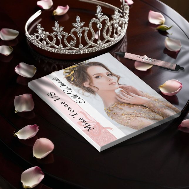 Notas Bloco de Autógrafo Personalizado com Brilho Pastel (This custom pageant autograph pad features your name, title and photo, with rose gold glitter border)
