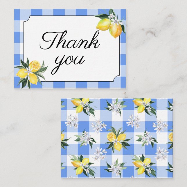 Notas Cartão de Agradecimento de Xadrez Azul e Limão (Frente/Verso)