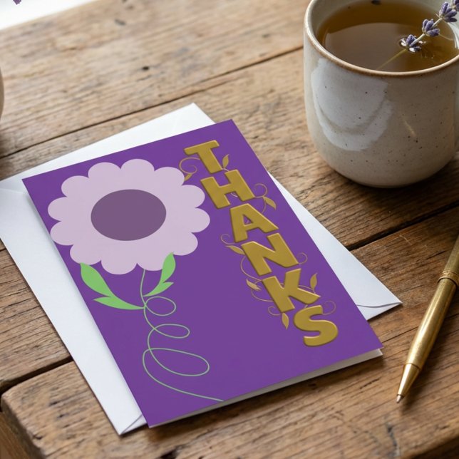 Notas Cartão de Agradecimento Flor Roxa e Dourada (A purple flower and golden vines make this thank-you card feel like royalty.)