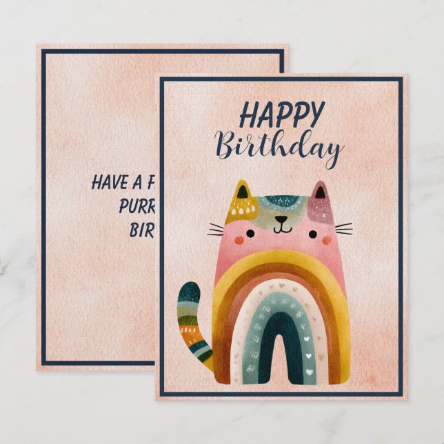 Notas Cartão de aniversário plano com gato abstrato gord (Frente/Verso)
