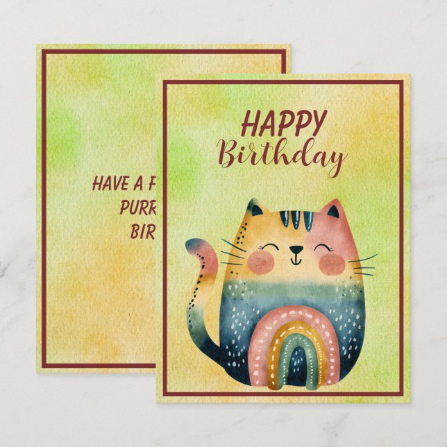 Notas Cartão de aniversário plano com gato abstrato gord (Frente/Verso)