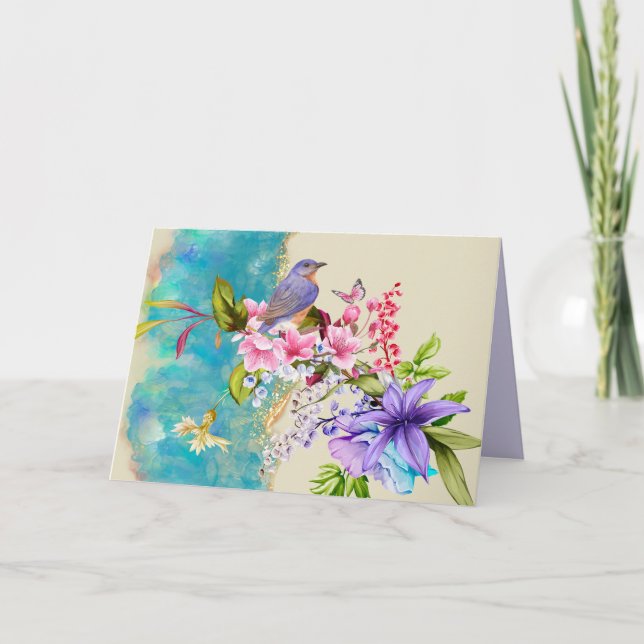 Notas Cartão de anotação de pássaro e flor (Frente)