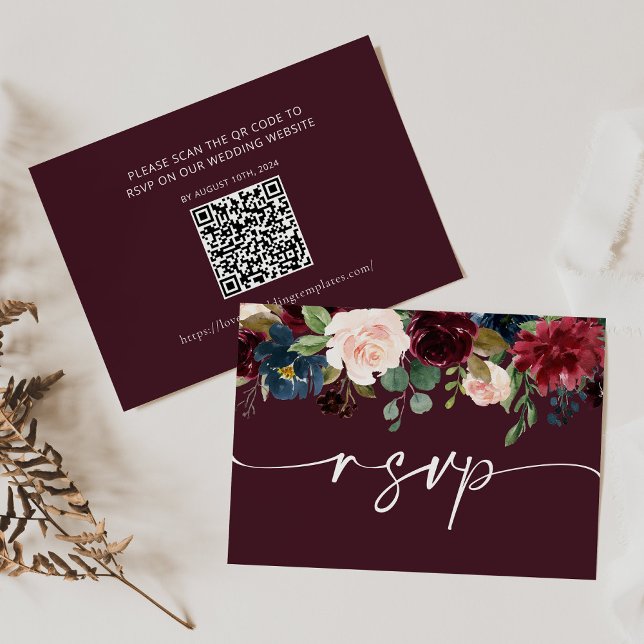 Notas Cartão de Código QR RSVP de Casamento Burgundy (Criador carregado)
