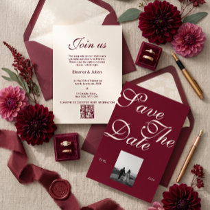 Notas Cartão de Data de Casamento Burgundy Old Money S