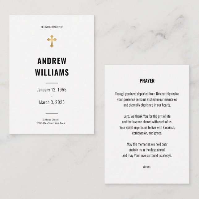 Notas Cartão de oração funerário preto e branco simples (Frente/Verso)