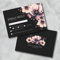 Cartão de Resposta de Casamento Floral Preto e Ros