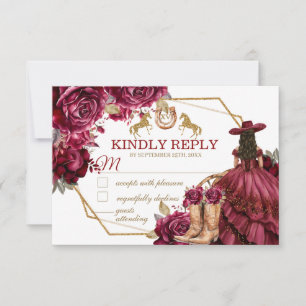 Notas Cartão de RSVP de Quinceañera Cavalo Burgundy Gold