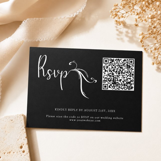 Notas Cartão de RSVP Preto Boho Script com Código QR par (Criador carregado)