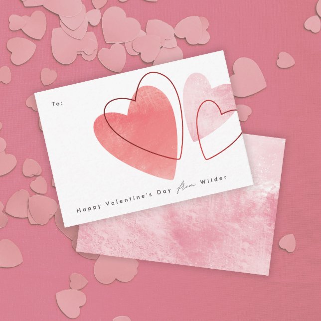 Notas Cartão de São Valentim para Sala de Aula com Coraç (A kids classroom Valentine's Day card with hand drawn hearts in red and pink tones.)