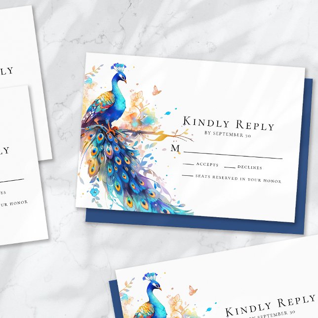 Notas Cartão RSVP de Casamento Azul Peacock (Criador carregado)