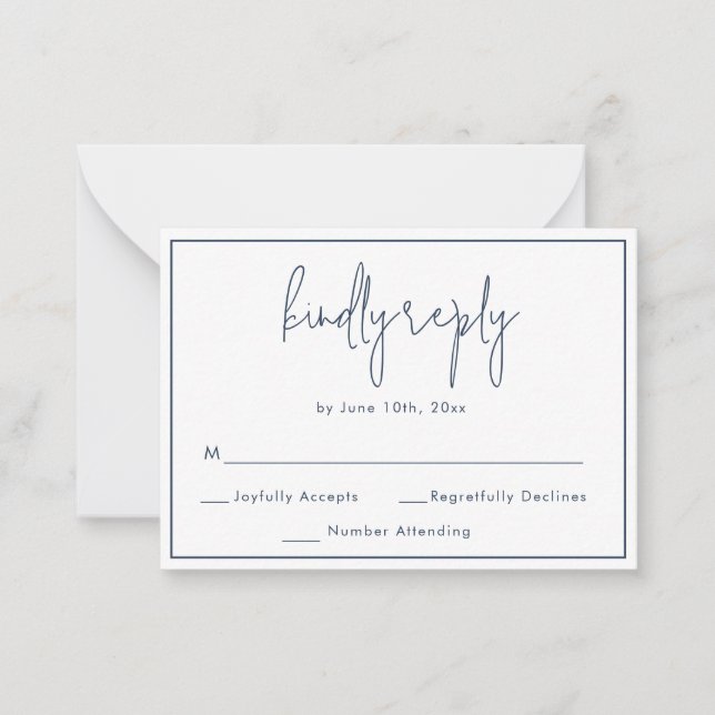 Notas Cartão RSVP de Casamento de Script Azul de Marinho (Frente)