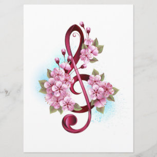 Notas de clave de trecho musical com flores de Sak